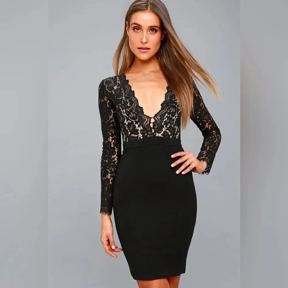 Lulu's Black Lace Long Sleeve Dress